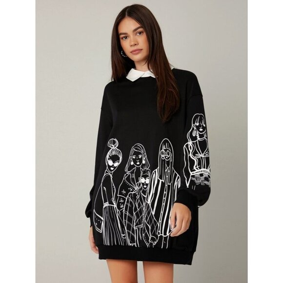SHEIN Black Graphic Sweatshirt with White Collar & Fashion Print – Size L/XL - Picture 1 of 10